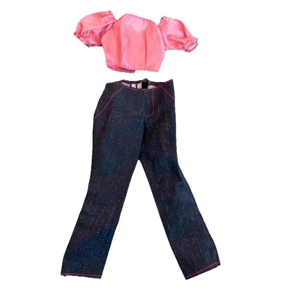 Vintage Barbie Outfit Pink Silk Top Denim Dark Wash Jeans Pink Stitching